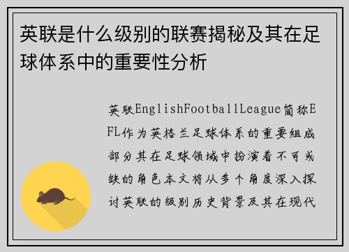 英联是什么级别的联赛揭秘及其在足球体系中的重要性分析